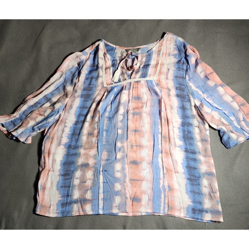 Sharagano Top Women XL Blue Red Tie Dye Long Sleeve Casual Round Neck Ribbon